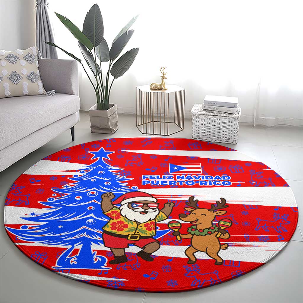 Puerto Rico Christmas Round Carpet with Dancing Santa Reindeer Blue Tree and Festive Flag Design - Wonder Print Shop