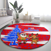 Puerto Rico Christmas Round Carpet with Dancing Santa Reindeer Blue Tree and Festive Flag Design - Wonder Print Shop
