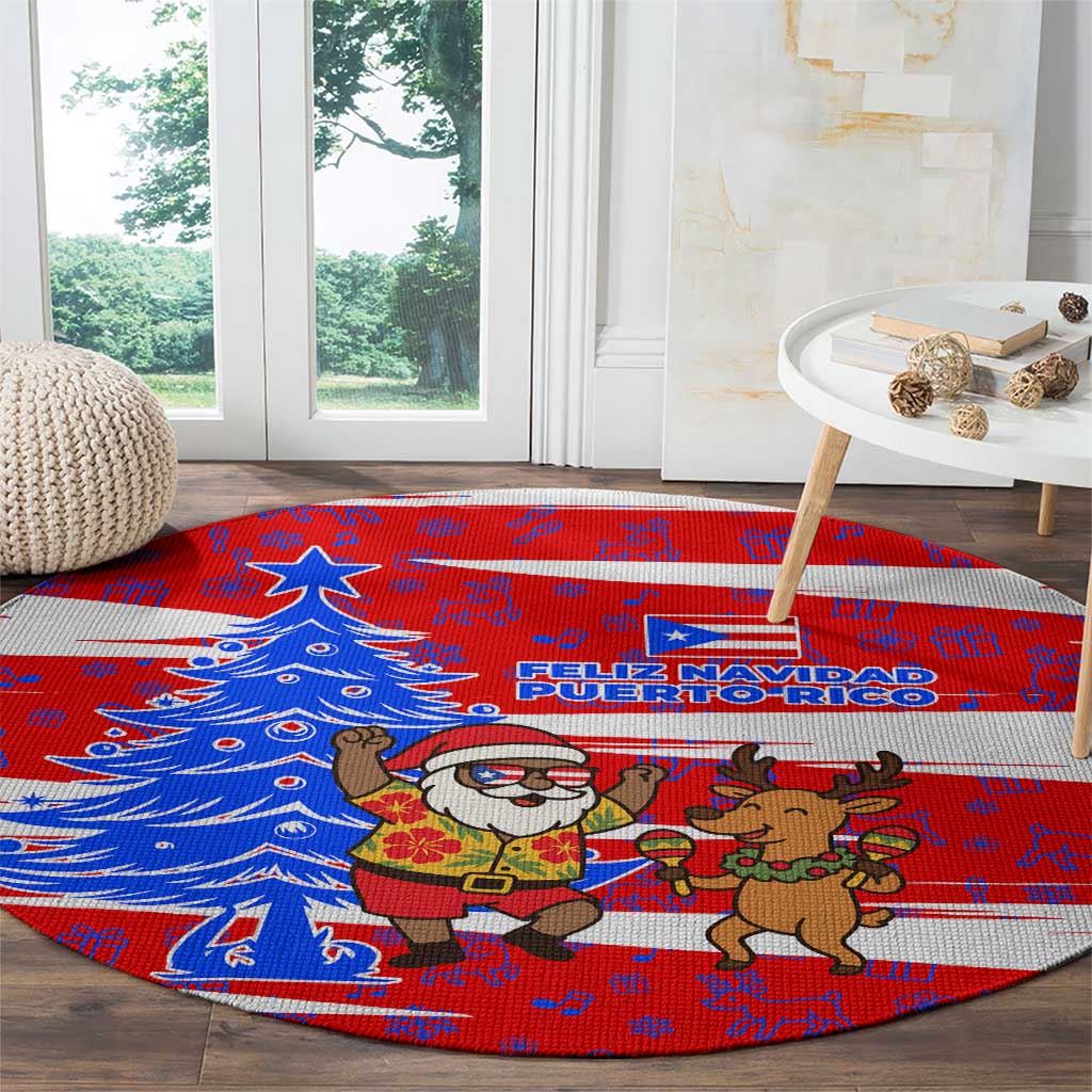 Puerto Rico Christmas Round Carpet with Dancing Santa Reindeer Blue Tree and Festive Flag Design - Wonder Print Shop