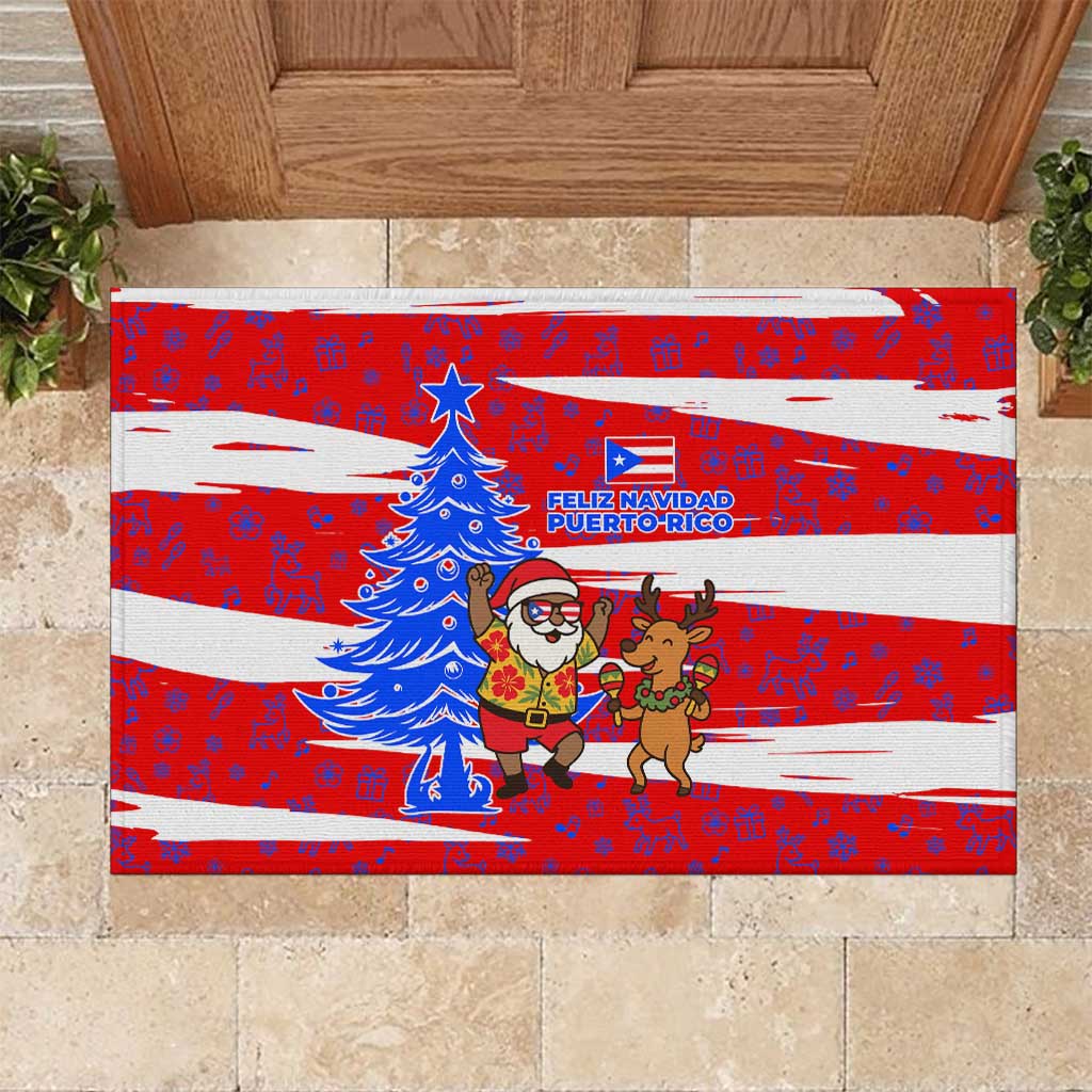 Puerto Rico Christmas Rubber Doormat with Dancing Santa Reindeer Blue Tree and Festive Flag Design - Wonder Print Shop