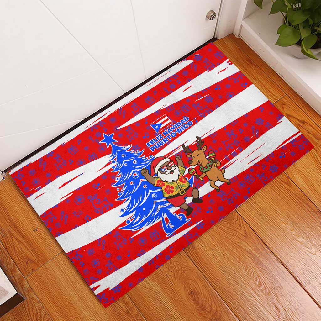 Puerto Rico Christmas Rubber Doormat with Dancing Santa Reindeer Blue Tree and Festive Flag Design - Wonder Print Shop