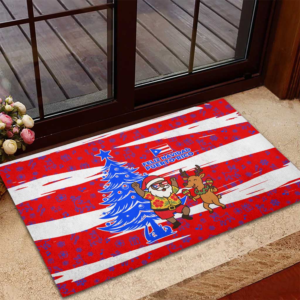 Puerto Rico Christmas Rubber Doormat with Dancing Santa Reindeer Blue Tree and Festive Flag Design - Wonder Print Shop