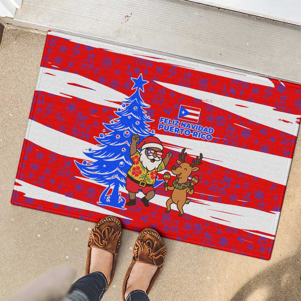 Puerto Rico Christmas Rubber Doormat with Dancing Santa Reindeer Blue Tree and Festive Flag Design - Wonder Print Shop