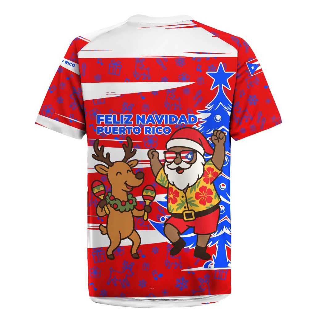 Puerto Rico Christmas Rugby Jersey with Dancing Santa Reindeer Blue Tree and Festive Flag Design - Wonder Print Shop