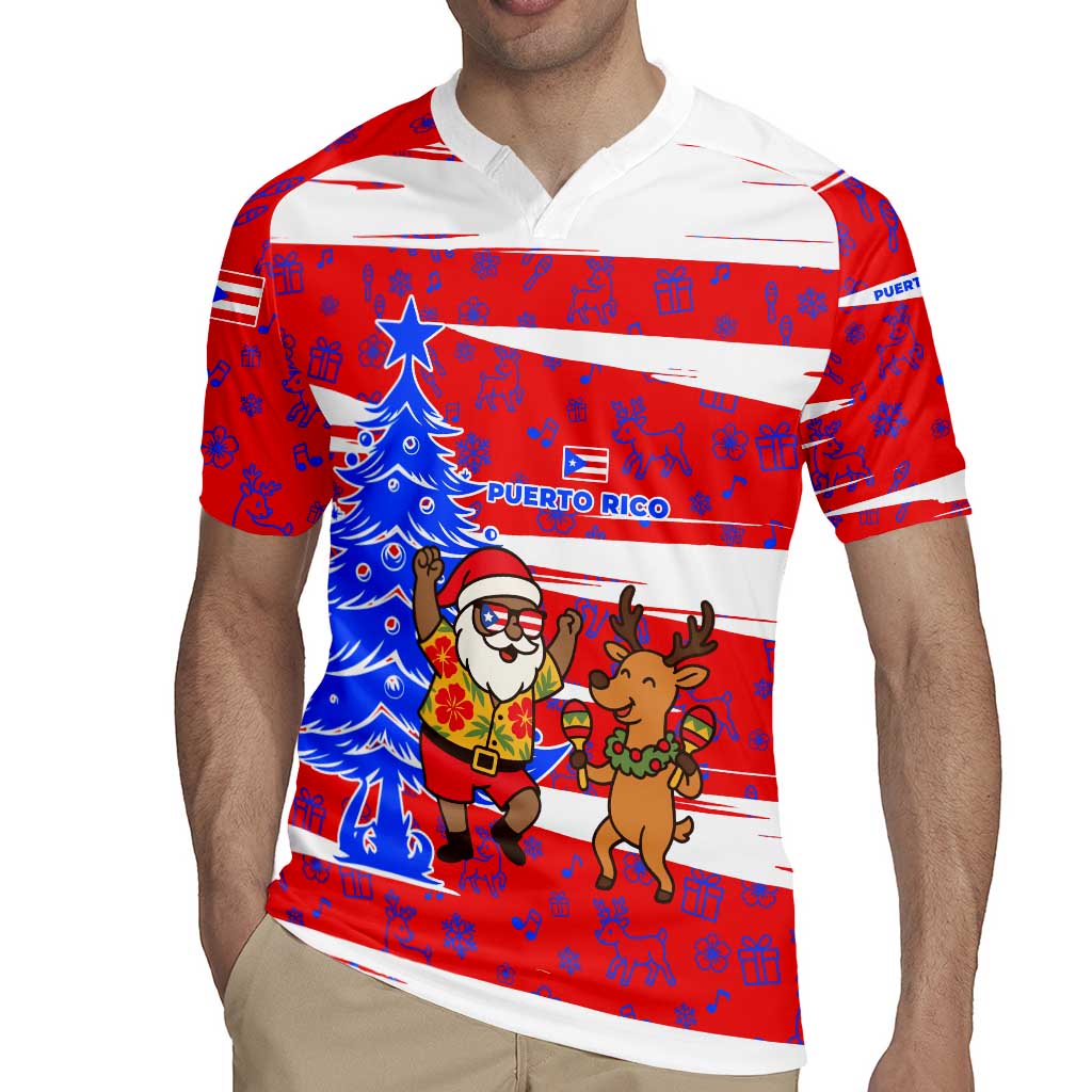 Puerto Rico Christmas Rugby Jersey with Dancing Santa Reindeer Blue Tree and Festive Flag Design - Wonder Print Shop