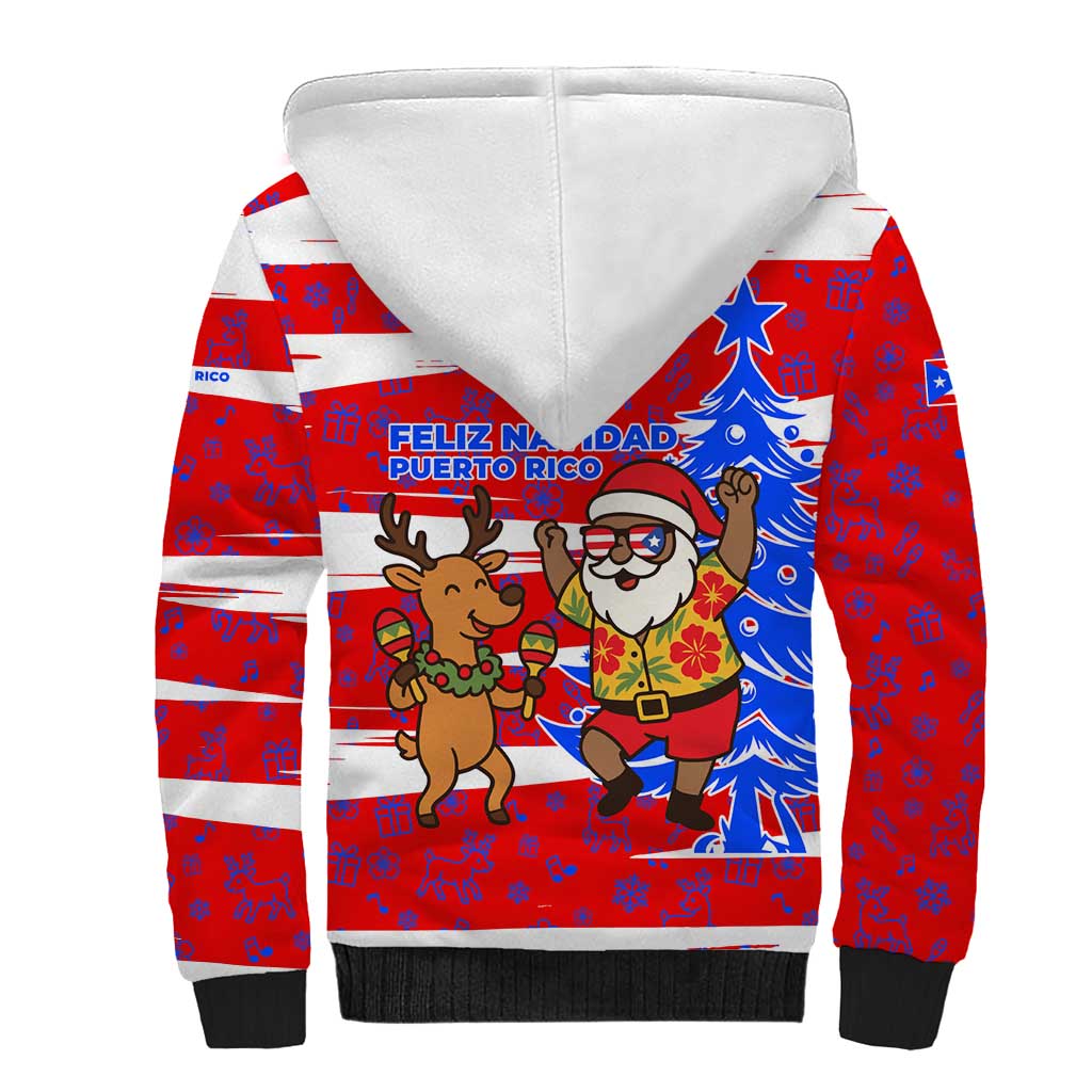 Puerto Rico Christmas Sherpa Hoodie with Dancing Santa Reindeer Blue Tree and Festive Flag Design - Wonder Print Shop