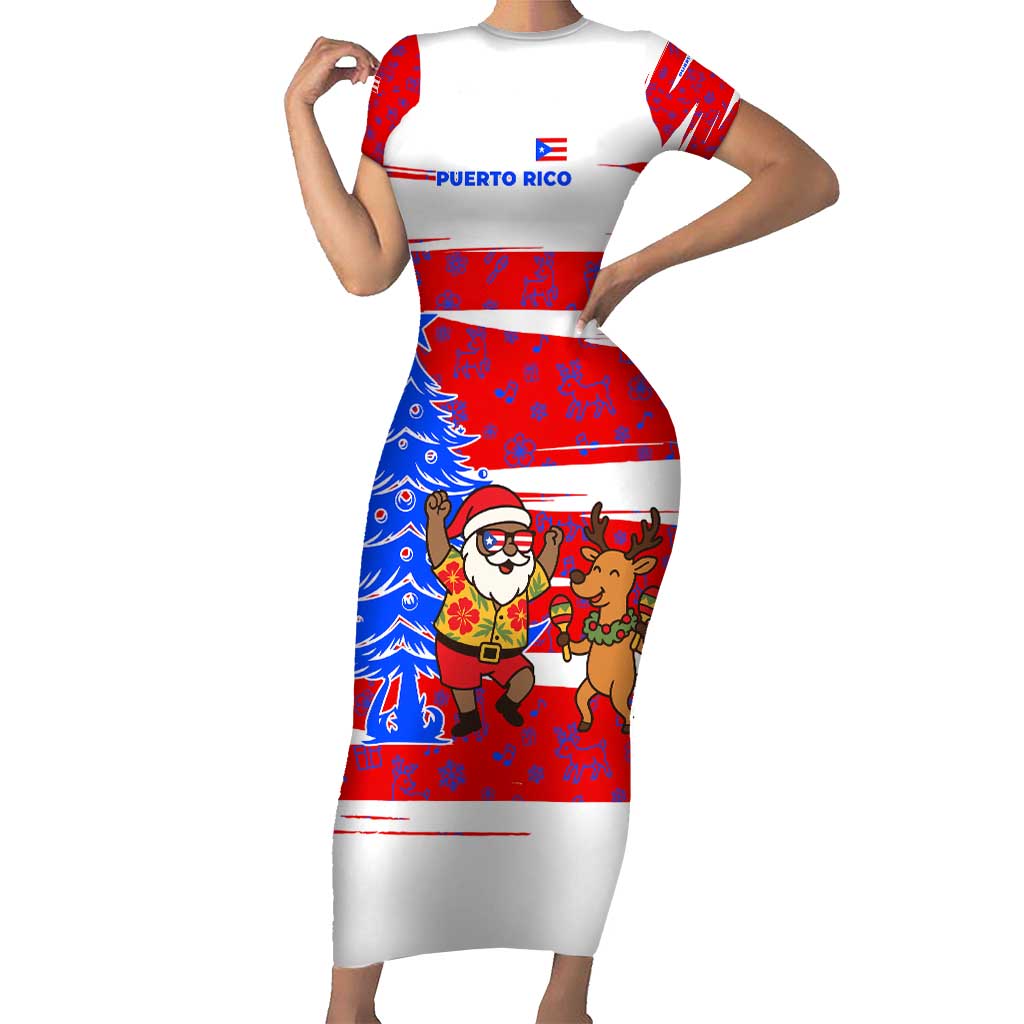 Puerto Rico Christmas Short Sleeve Bodycon Dress with Dancing Santa Reindeer Blue Tree and Festive Flag Design - Wonder Print Shop