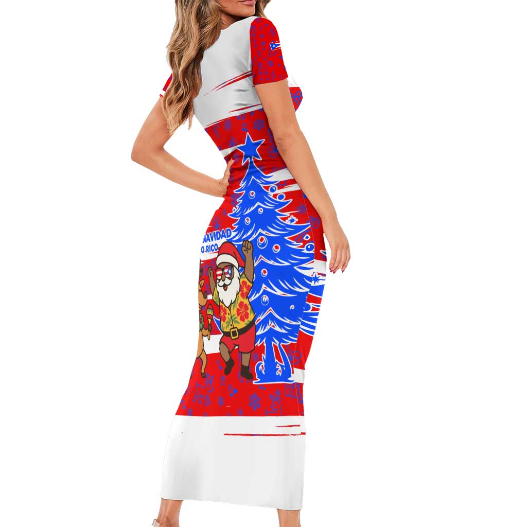 Puerto Rico Christmas Short Sleeve Bodycon Dress with Dancing Santa Reindeer Blue Tree and Festive Flag Design - Wonder Print Shop