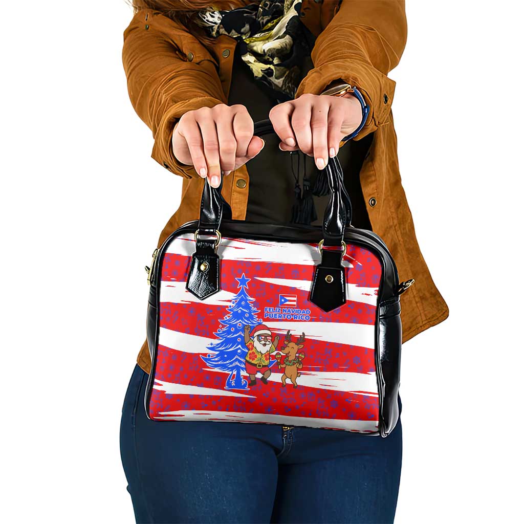 Puerto Rico Christmas Shoulder Handbag with Dancing Santa Reindeer Blue Tree and Festive Flag Design - Wonder Print Shop