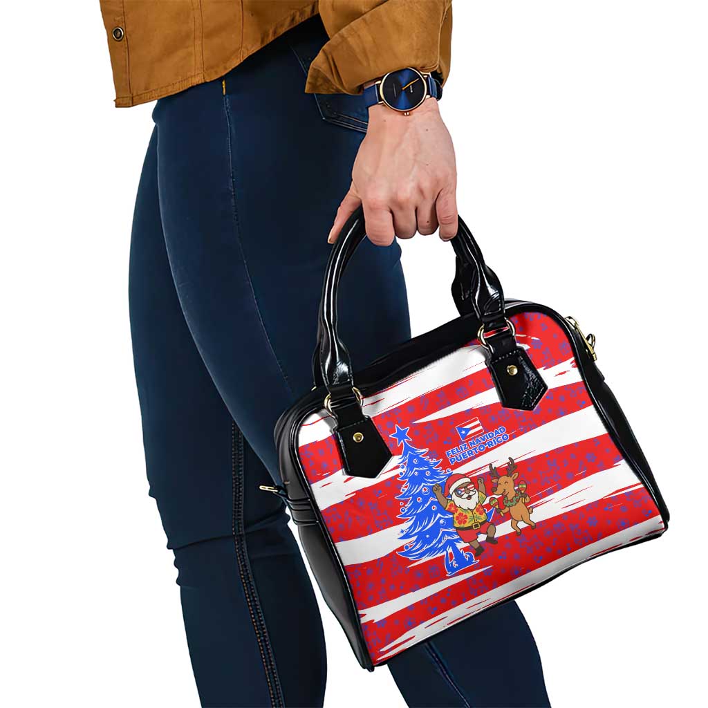 Puerto Rico Christmas Shoulder Handbag with Dancing Santa Reindeer Blue Tree and Festive Flag Design - Wonder Print Shop