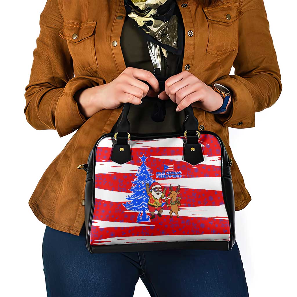 Puerto Rico Christmas Shoulder Handbag with Dancing Santa Reindeer Blue Tree and Festive Flag Design - Wonder Print Shop