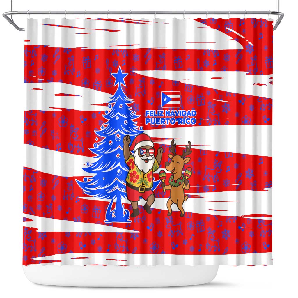Puerto Rico Christmas Shower Curtain with Dancing Santa Reindeer Blue Tree and Festive Flag Design - Wonder Print Shop