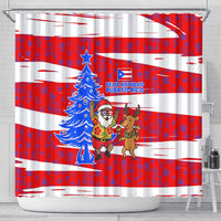 Puerto Rico Christmas Shower Curtain with Dancing Santa Reindeer Blue Tree and Festive Flag Design - Wonder Print Shop