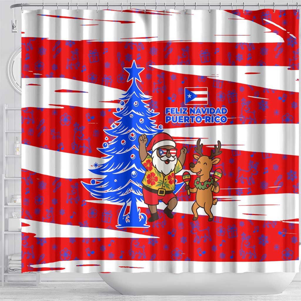 Puerto Rico Christmas Shower Curtain with Dancing Santa Reindeer Blue Tree and Festive Flag Design - Wonder Print Shop