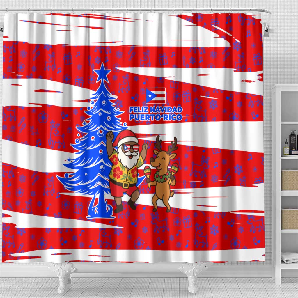 Puerto Rico Christmas Shower Curtain with Dancing Santa Reindeer Blue Tree and Festive Flag Design - Wonder Print Shop