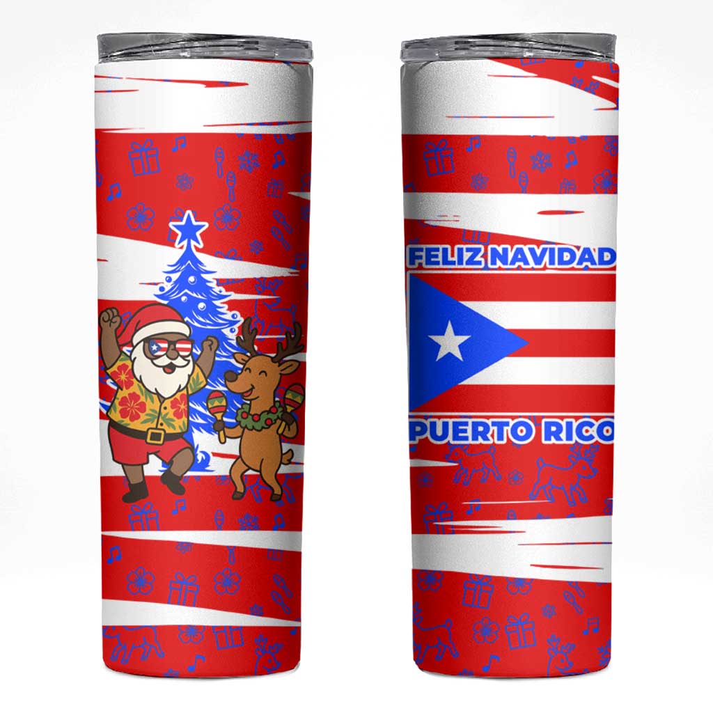 Puerto Rico Christmas Skinny Tumbler with Dancing Santa Reindeer Blue Tree and Festive Flag Design - Wonder Print Shop