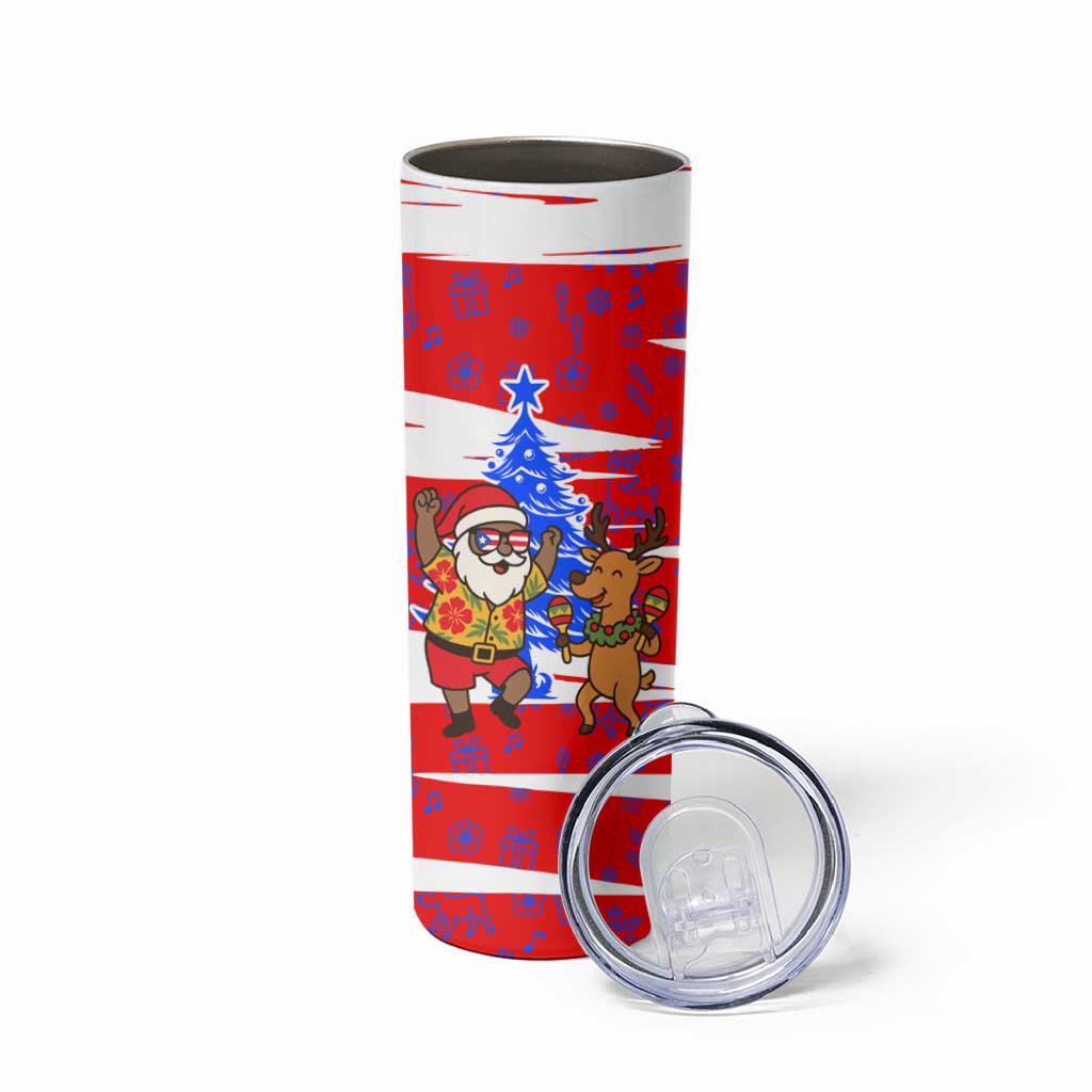 Puerto Rico Christmas Skinny Tumbler with Dancing Santa Reindeer Blue Tree and Festive Flag Design - Wonder Print Shop