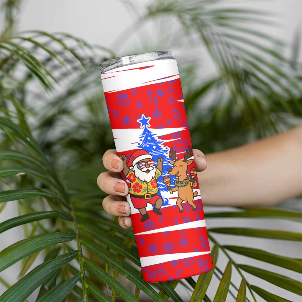 Puerto Rico Christmas Skinny Tumbler with Dancing Santa Reindeer Blue Tree and Festive Flag Design - Wonder Print Shop
