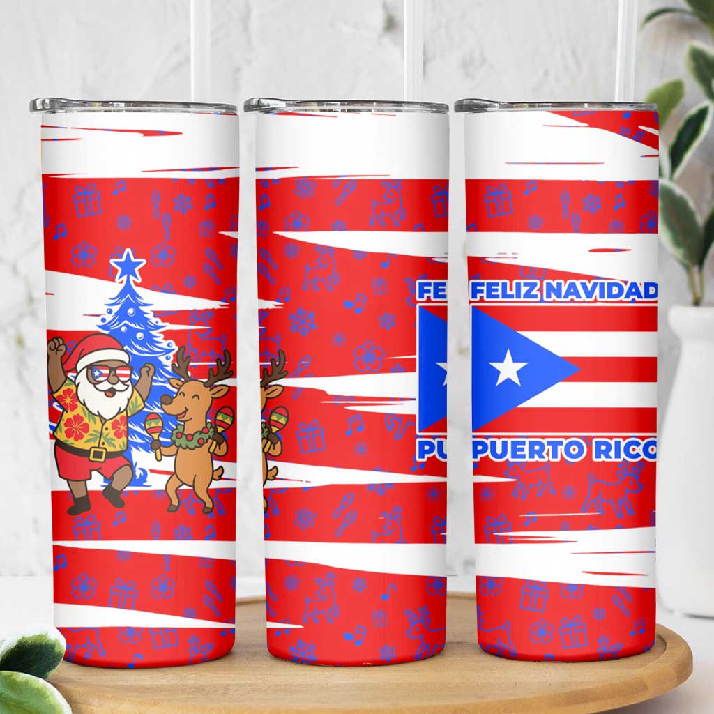 Puerto Rico Christmas Skinny Tumbler with Dancing Santa Reindeer Blue Tree and Festive Flag Design - Wonder Print Shop