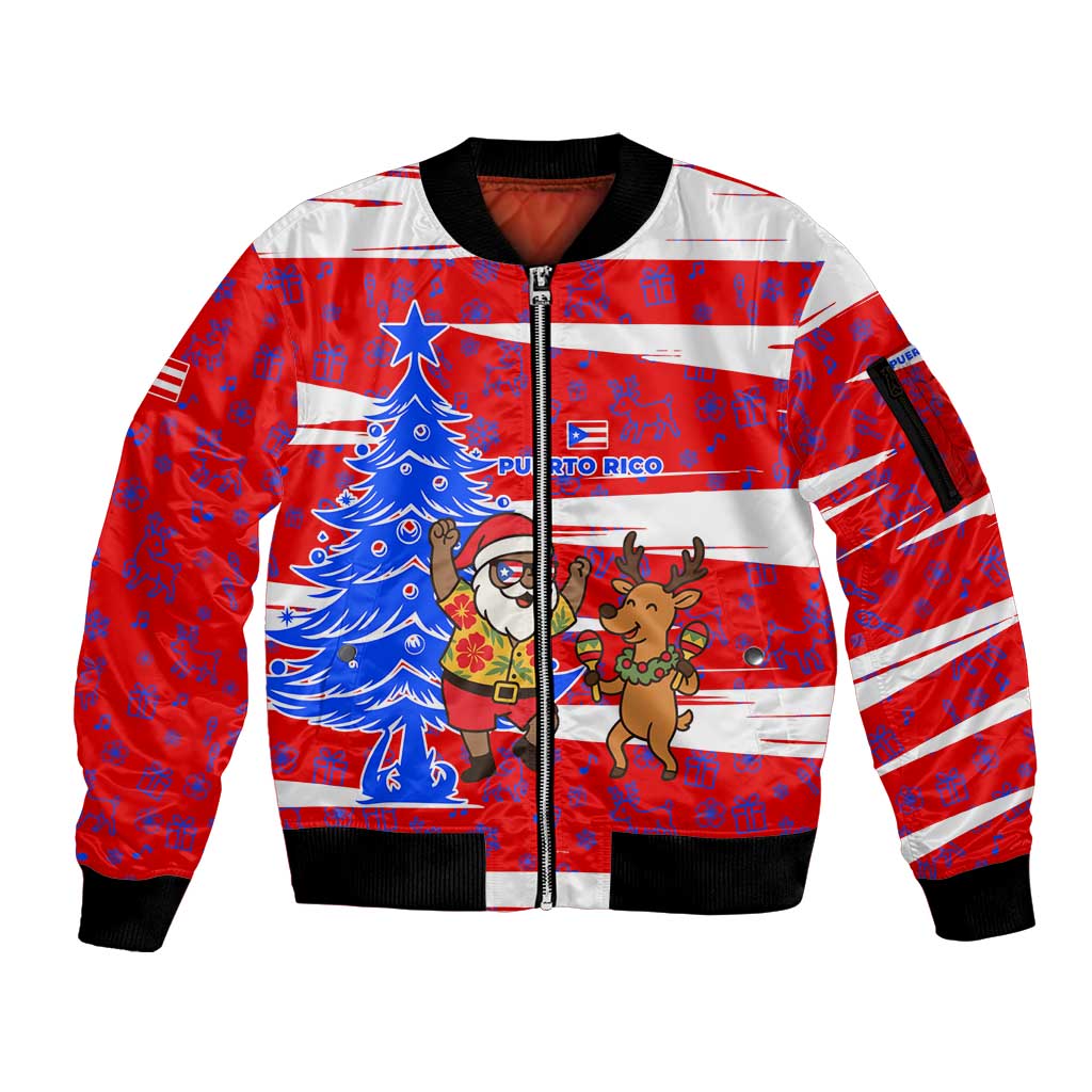 Puerto Rico Christmas Sleeve Zip Bomber Jacket with Dancing Santa Reindeer Blue Tree and Festive Flag Design - Wonder Print Shop