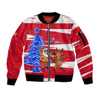 Puerto Rico Christmas Sleeve Zip Bomber Jacket with Dancing Santa Reindeer Blue Tree and Festive Flag Design - Wonder Print Shop