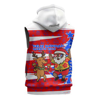 Puerto Rico Christmas Sleeveless Hoodie with Dancing Santa Reindeer Blue Tree and Festive Flag Design - Wonder Print Shop