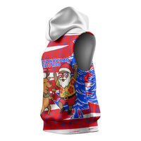 Puerto Rico Christmas Sleeveless Hoodie with Dancing Santa Reindeer Blue Tree and Festive Flag Design - Wonder Print Shop