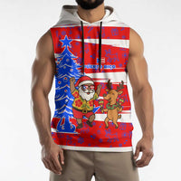 Puerto Rico Christmas Sleeveless Hoodie with Dancing Santa Reindeer Blue Tree and Festive Flag Design - Wonder Print Shop