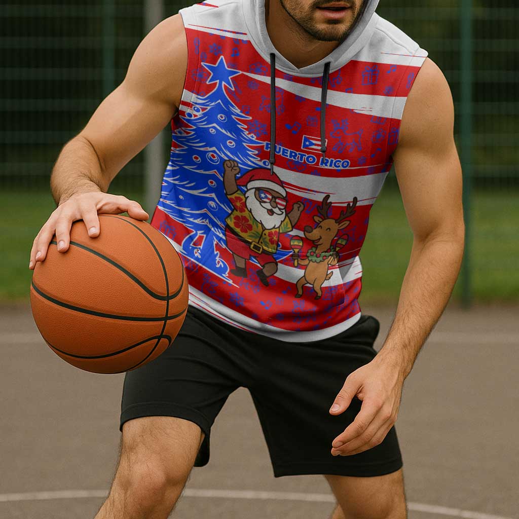 Puerto Rico Christmas Sleeveless Hoodie with Dancing Santa Reindeer Blue Tree and Festive Flag Design - Wonder Print Shop