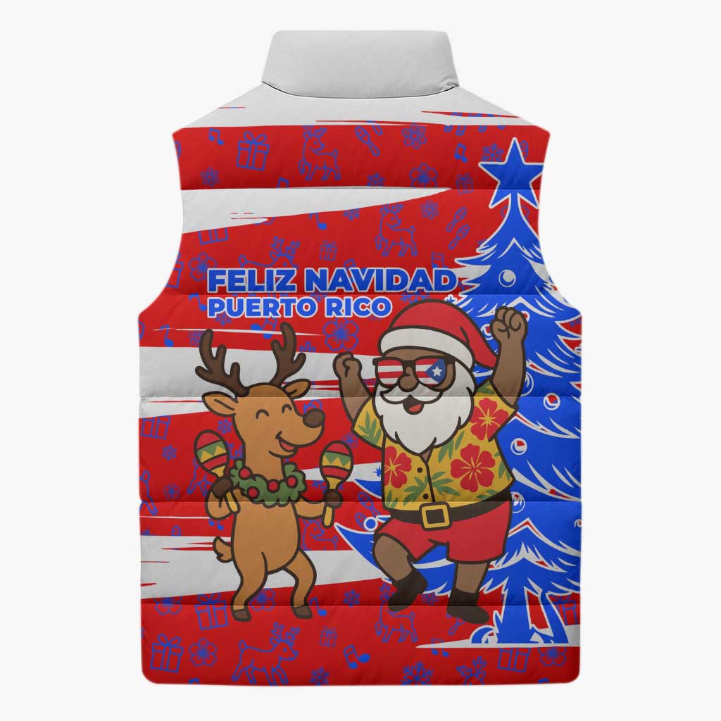Puerto Rico Christmas Sleeveless Puffer Jacket with Dancing Santa Reindeer Blue Tree and Festive Flag Design - Wonder Print Shop
