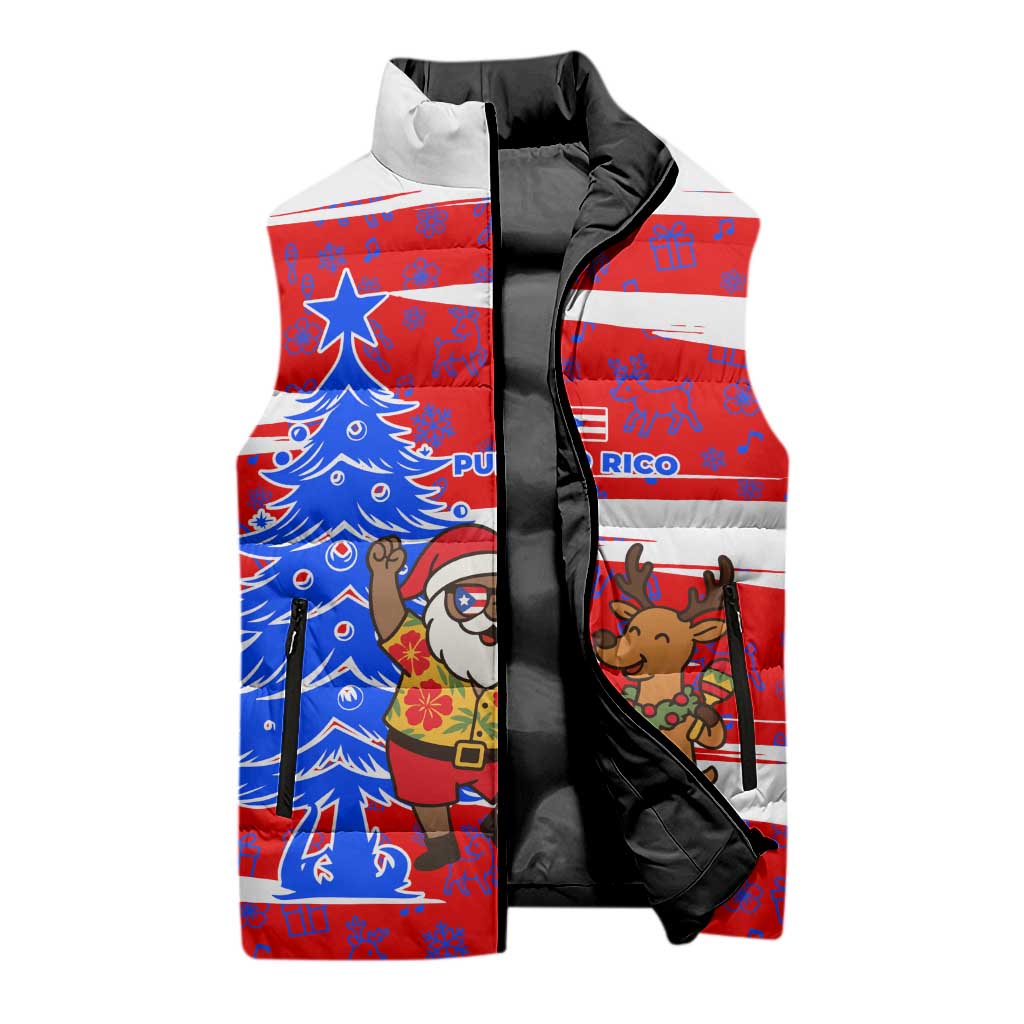 Puerto Rico Christmas Sleeveless Puffer Jacket with Dancing Santa Reindeer Blue Tree and Festive Flag Design - Wonder Print Shop