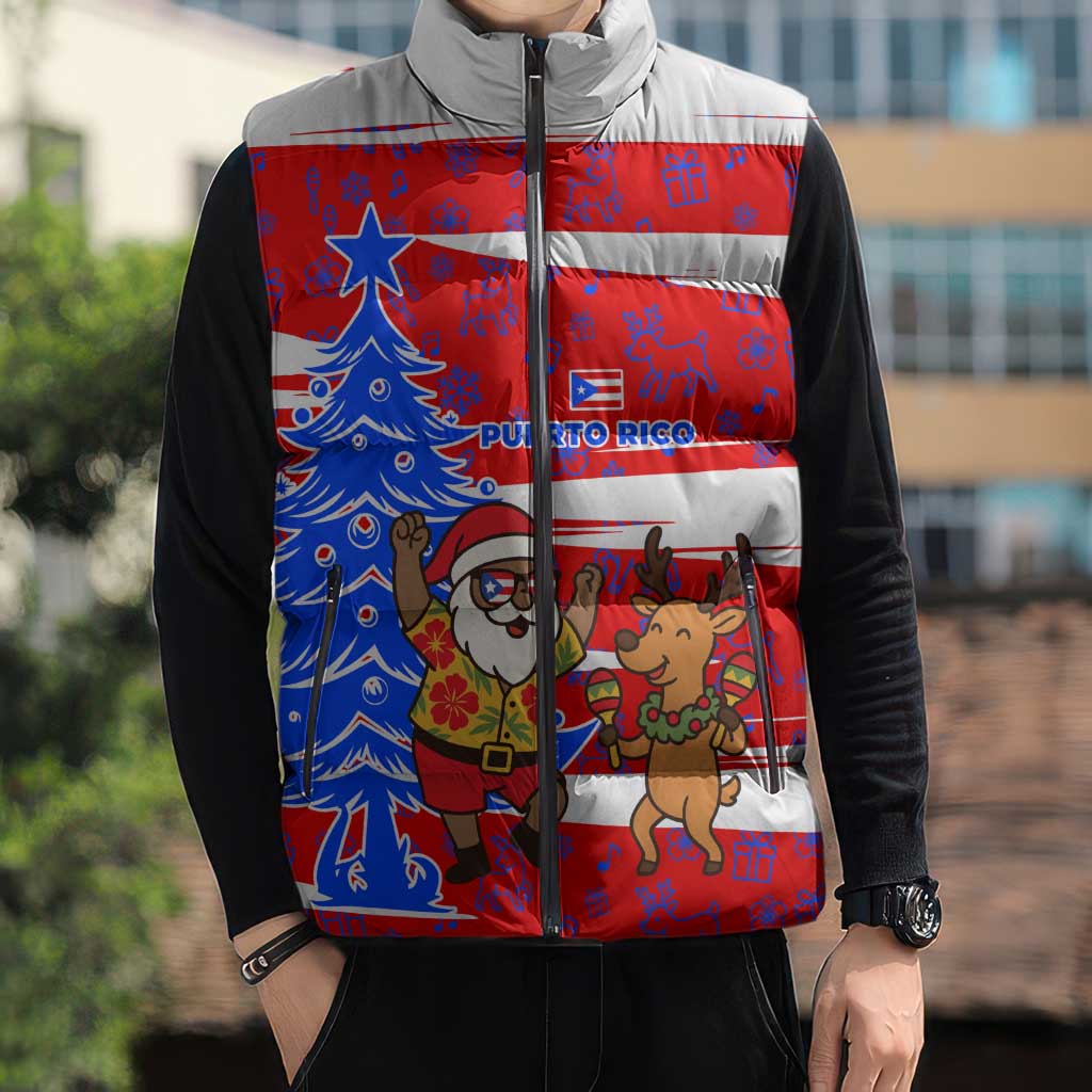 Puerto Rico Christmas Sleeveless Puffer Jacket with Dancing Santa Reindeer Blue Tree and Festive Flag Design - Wonder Print Shop