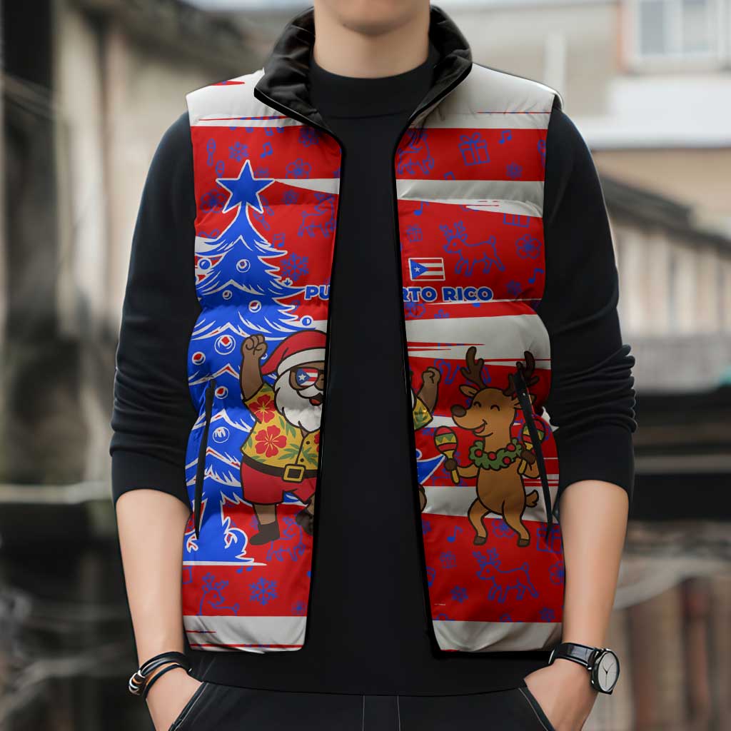 Puerto Rico Christmas Sleeveless Puffer Jacket with Dancing Santa Reindeer Blue Tree and Festive Flag Design - Wonder Print Shop