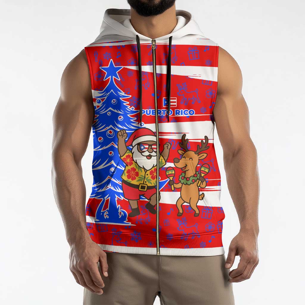 Puerto Rico Christmas Sleeveless Zip Hoodie with Dancing Santa Reindeer Blue Tree and Festive Flag Design - Wonder Print Shop