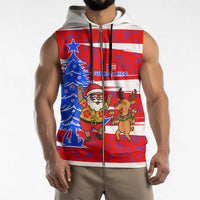Puerto Rico Christmas Sleeveless Zip Hoodie with Dancing Santa Reindeer Blue Tree and Festive Flag Design - Wonder Print Shop