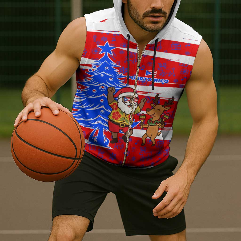 Puerto Rico Christmas Sleeveless Zip Hoodie with Dancing Santa Reindeer Blue Tree and Festive Flag Design - Wonder Print Shop