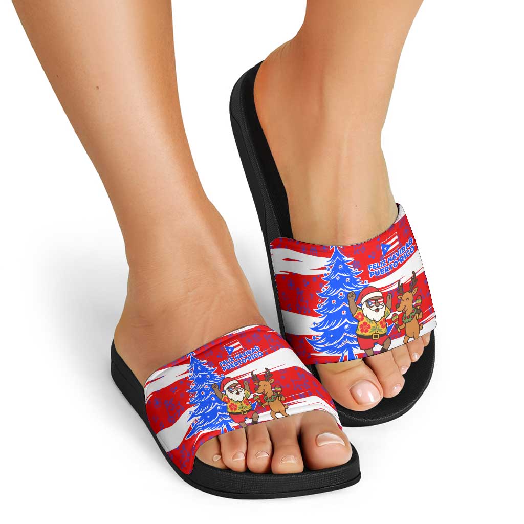 Puerto Rico Christmas Slide Sandals with Dancing Santa Reindeer Blue Tree and Festive Flag Design - Wonder Print Shop