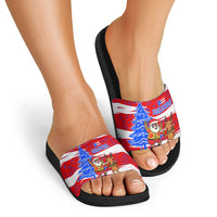 Puerto Rico Christmas Slide Sandals with Dancing Santa Reindeer Blue Tree and Festive Flag Design - Wonder Print Shop