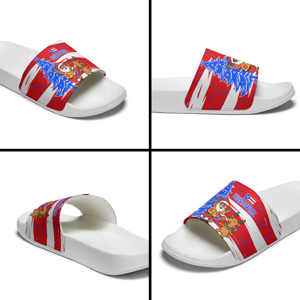 Puerto Rico Christmas Slide Sandals with Dancing Santa Reindeer Blue Tree and Festive Flag Design - Wonder Print Shop