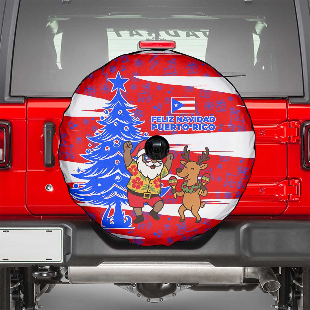 Puerto Rico Christmas Spare Tire Cover with Dancing Santa Reindeer Blue Tree and Festive Flag Design - Wonder Print Shop