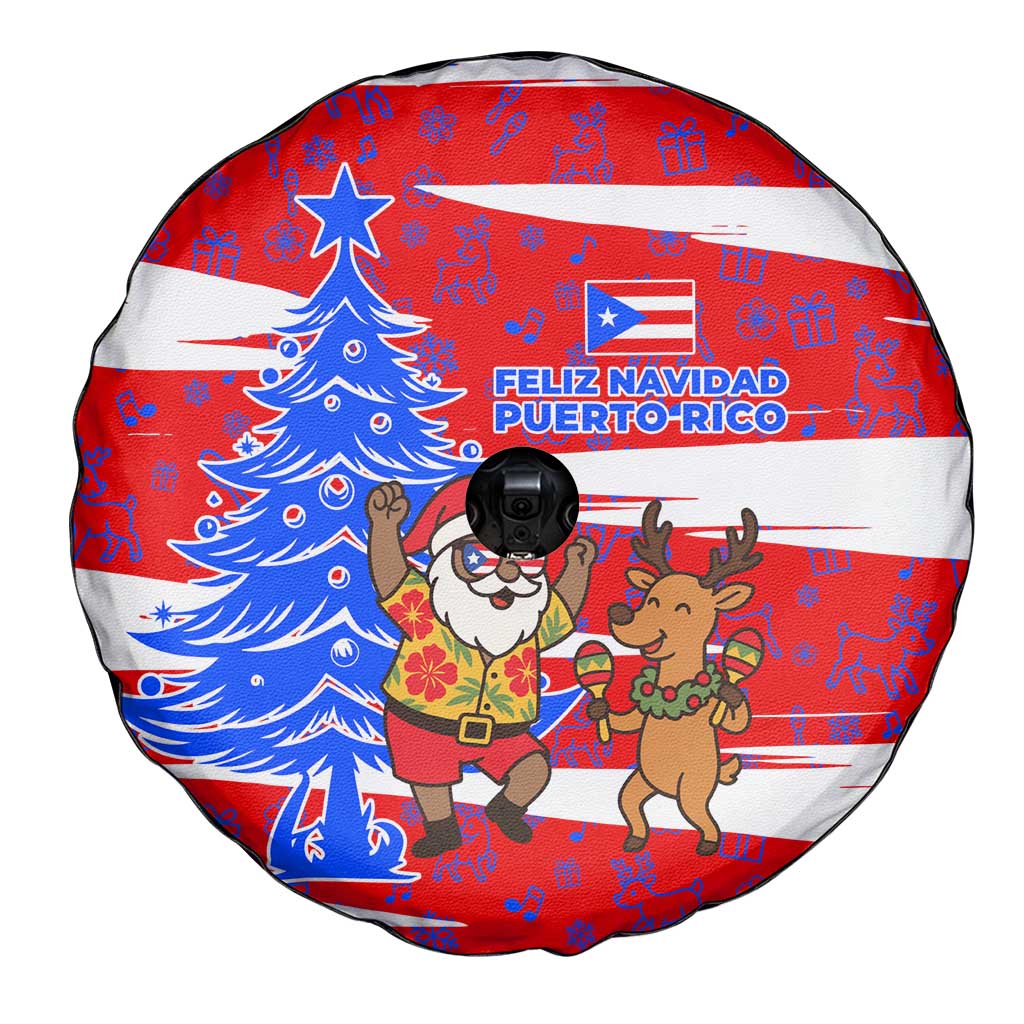 Puerto Rico Christmas Spare Tire Cover with Dancing Santa Reindeer Blue Tree and Festive Flag Design - Wonder Print Shop
