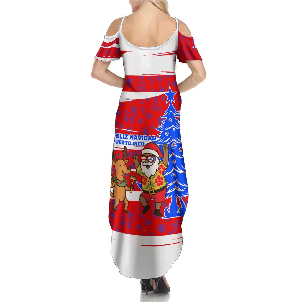 Puerto Rico Christmas Summer Maxi Dress with Dancing Santa Reindeer Blue Tree and Festive Flag Design - Wonder Print Shop
