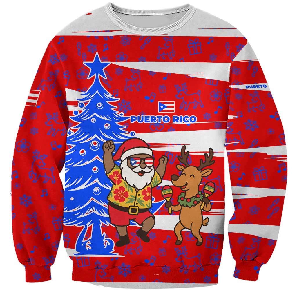Puerto Rico Christmas Sweatshirt with Dancing Santa Reindeer Blue Tree and Festive Flag Design - Wonder Print Shop