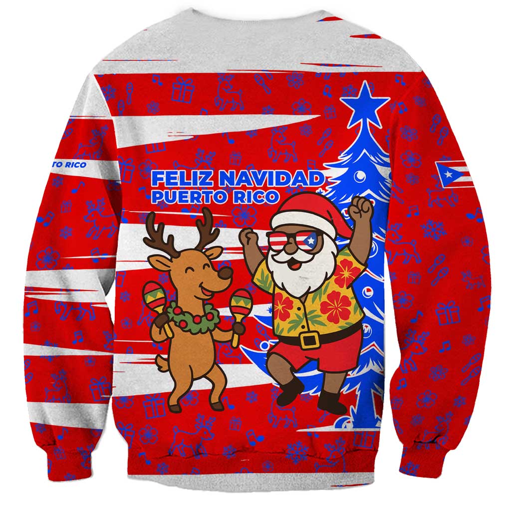 Puerto Rico Christmas Sweatshirt with Dancing Santa Reindeer Blue Tree and Festive Flag Design - Wonder Print Shop
