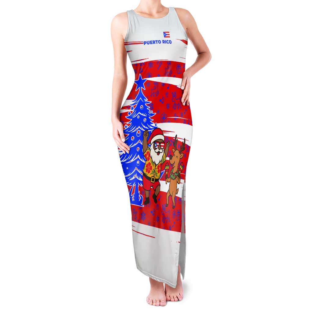 Puerto Rico Christmas Tank Maxi Dress with Dancing Santa Reindeer Blue Tree and Festive Flag Design - Wonder Print Shop