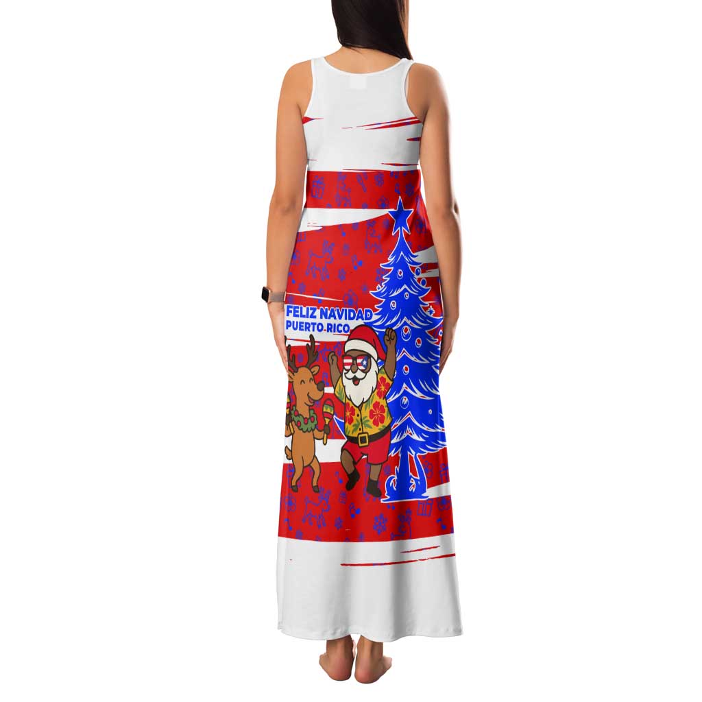 Puerto Rico Christmas Tank Maxi Dress with Dancing Santa Reindeer Blue Tree and Festive Flag Design - Wonder Print Shop