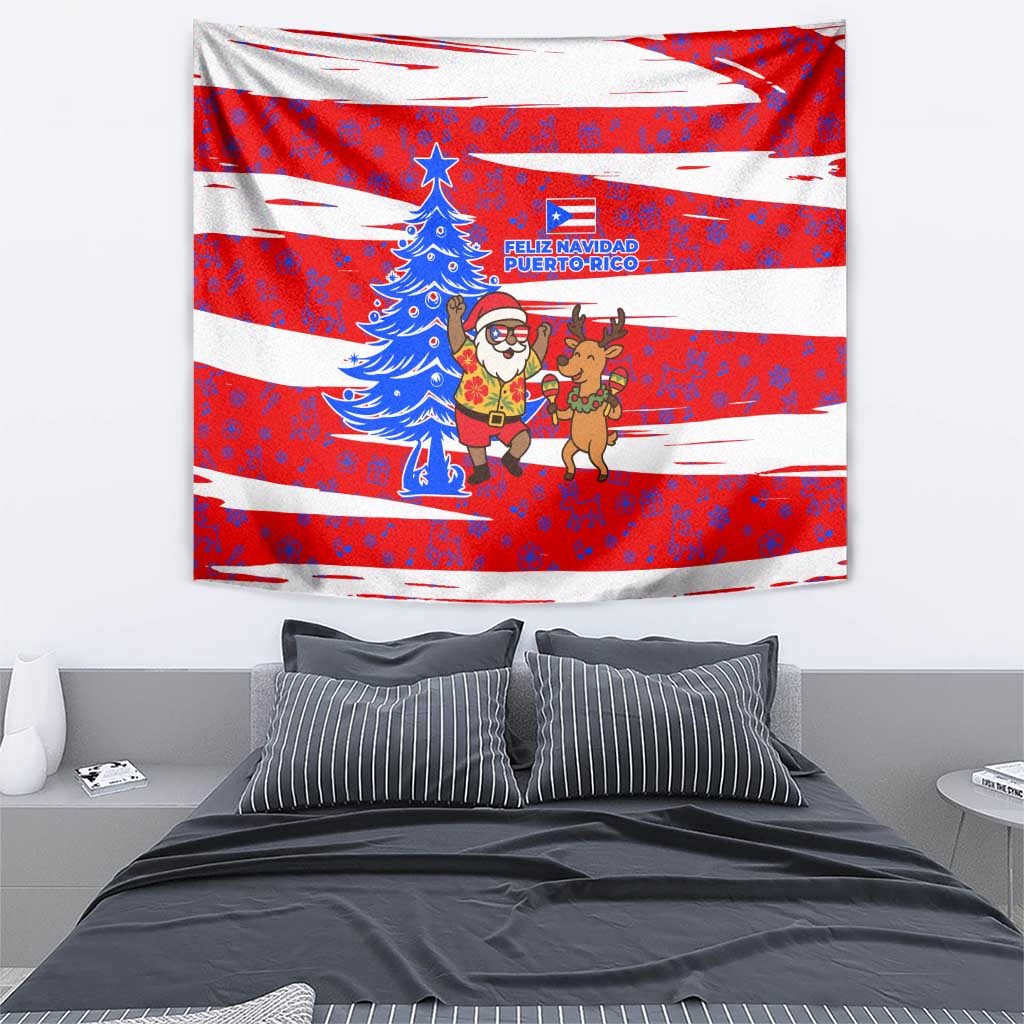 Puerto Rico Christmas Tapestry with Dancing Santa Reindeer Blue Tree and Festive Flag Design - Wonder Print Shop