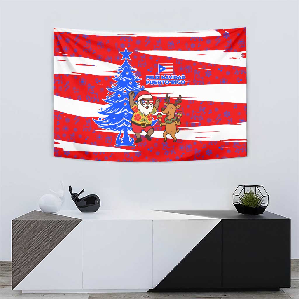 Puerto Rico Christmas Tapestry with Dancing Santa Reindeer Blue Tree and Festive Flag Design - Wonder Print Shop