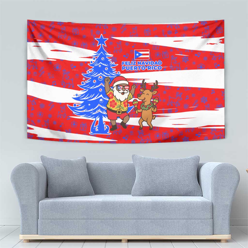 Puerto Rico Christmas Tapestry with Dancing Santa Reindeer Blue Tree and Festive Flag Design - Wonder Print Shop