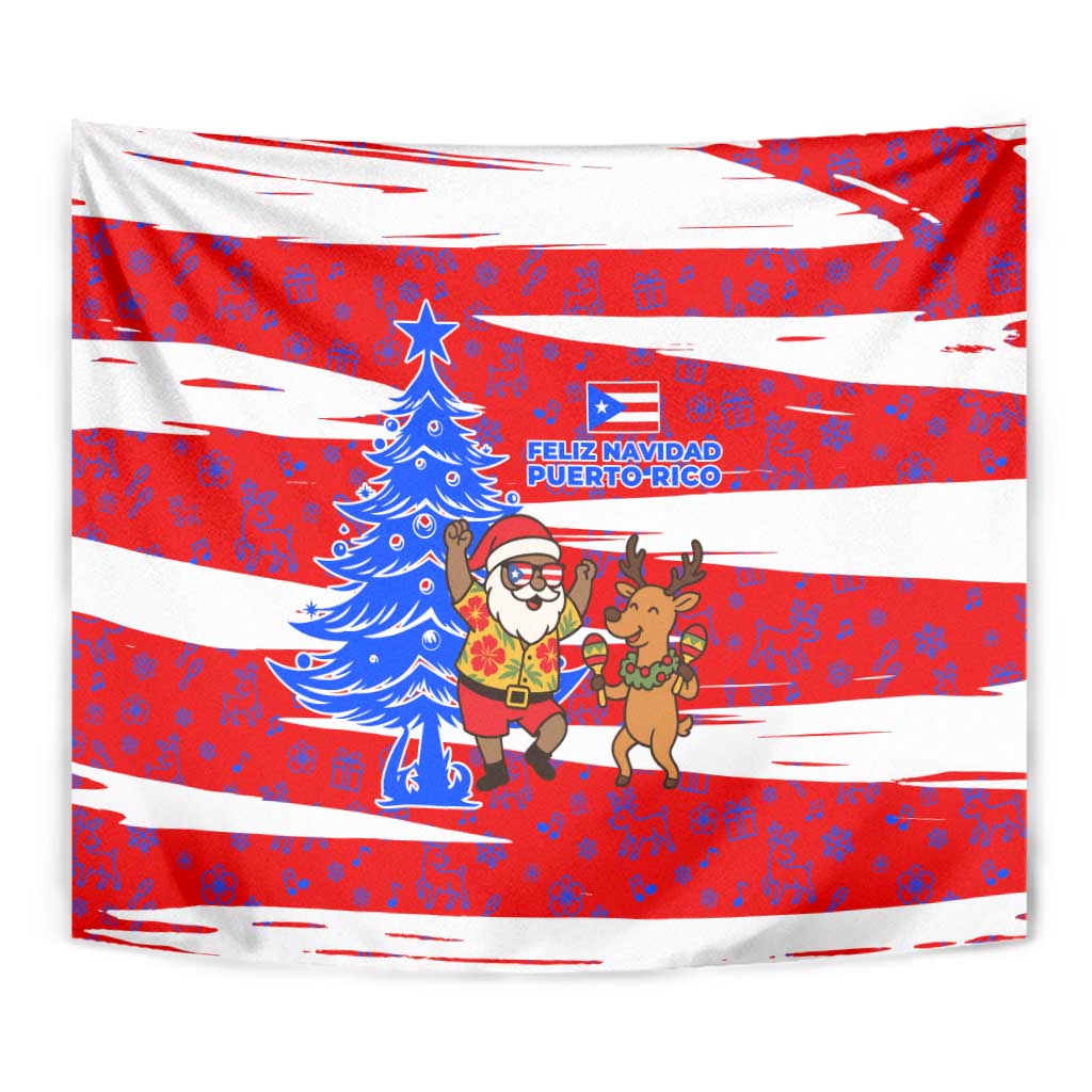 Puerto Rico Christmas Tapestry with Dancing Santa Reindeer Blue Tree and Festive Flag Design - Wonder Print Shop